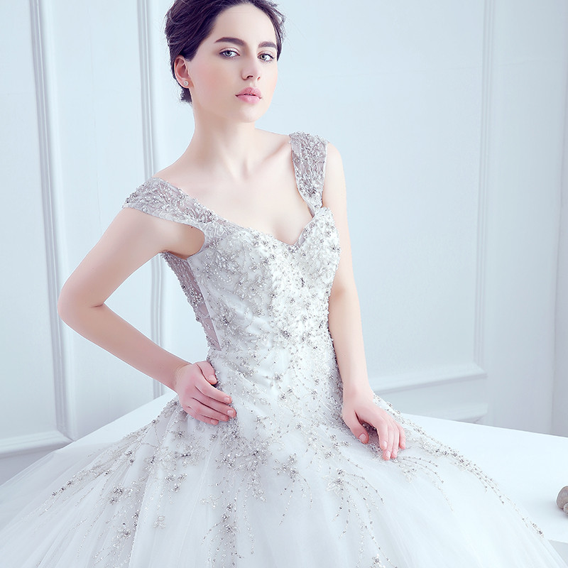 2016新款时尚婚纱礼服双肩V领韩式简约修身显瘦齐地婚纱蓬蓬裙 XL 白色