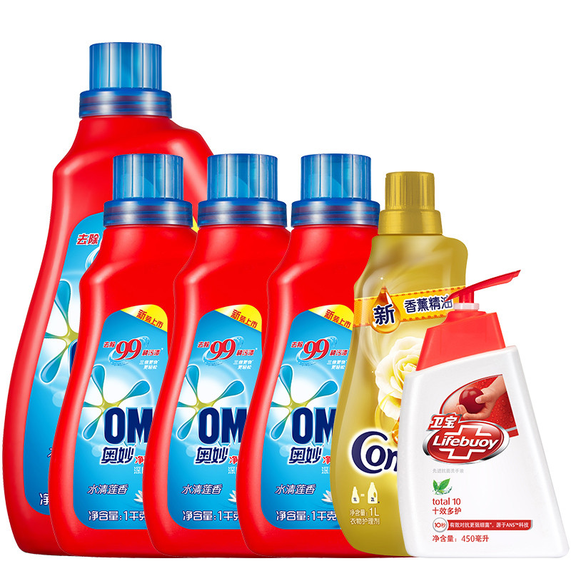 奥妙净蓝全效水清莲香洗衣液2KG+1KG*3+金纺新香薰精油1L+卫宝洗手液-十效多护\乳润呵护\柠柚清新450ml