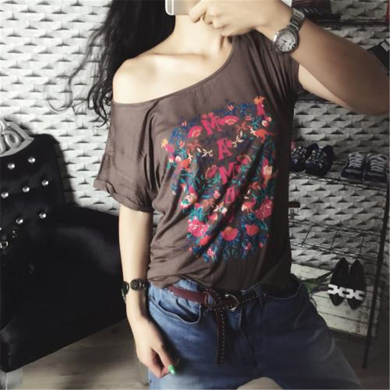 宽松大码T恤打底衫t恤女短袖女装新款外贸原单彩绘花朵 S 卡其色