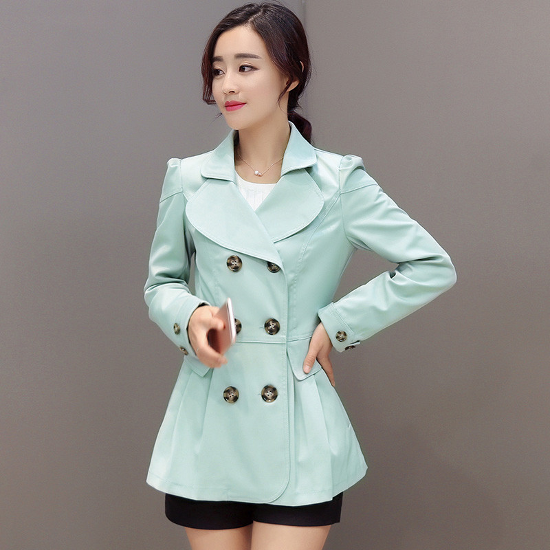 茧竹森 风衣女2016秋冬新款中长款韩版双排扣时尚外套 M 豆绿色