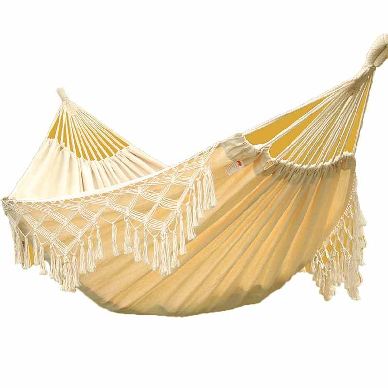 户外 吊床 带流苏双人纯棉麻亚麻帆布吊床米白色加厚 2*1.6