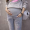 秋季孕妇装 孕妇宽松弹力大码牛仔裤托腹裤 破洞补丁孕妇裤长裤 铅笔裤修身小脚裤7018 L 蓝色