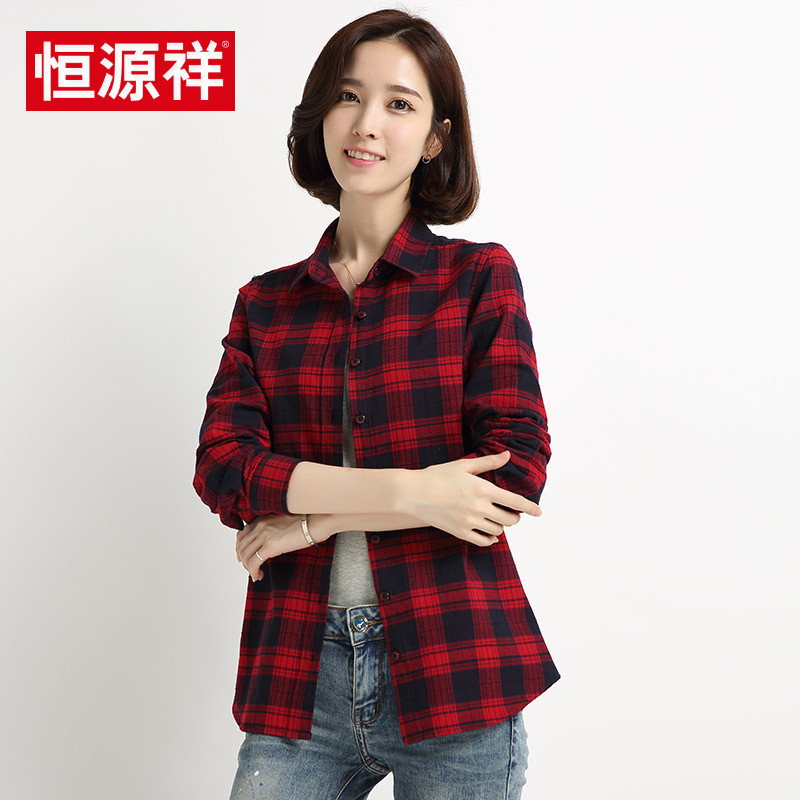 恒源祥红格子衬衫女秋装新款休闲百搭女装外套宽松纯棉长袖衬衣女 175/XXL C505红色1号