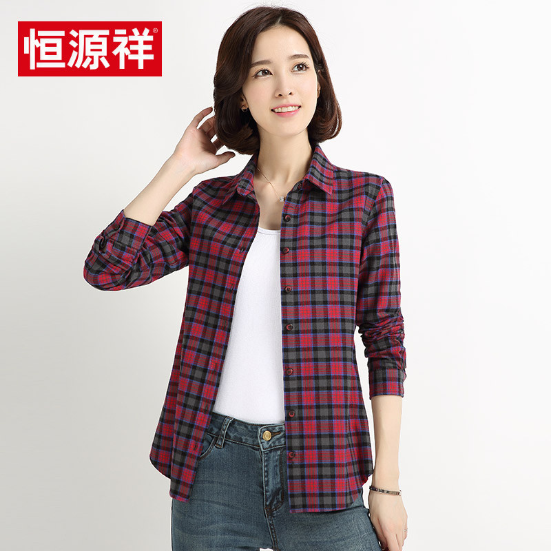 恒源祥红格子衬衫女秋装新款休闲百搭女装外套宽松纯棉长袖衬衣女 165/L C500红色1号