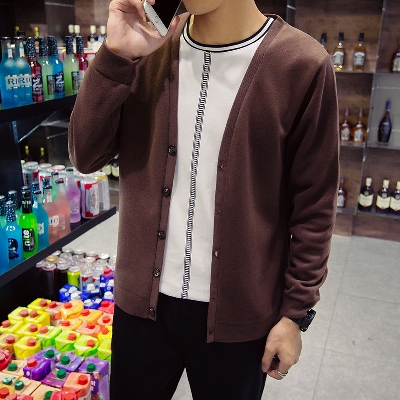 诺妮梦 新款韩版潮男士薄外套上衣服修身毛衣针织衫开衫毛线衣潮流 咖啡 5XL