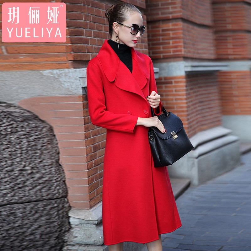 玥俪娅女装欧美潮流时尚气质百搭宽松直筒优雅手工定制羊毛双面呢大衣双排扣长款过膝修身保暖外套 S 红色