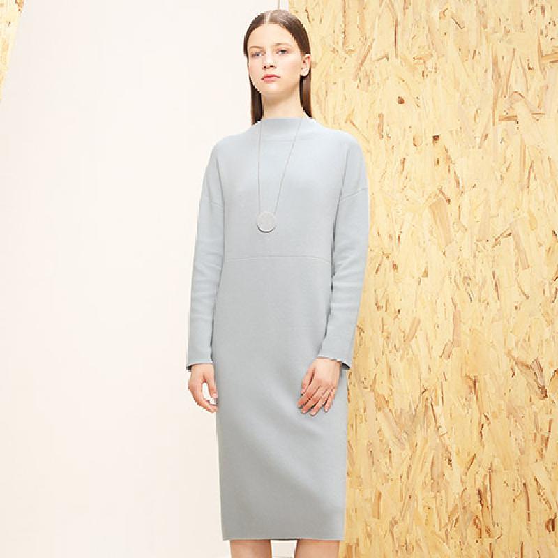 糖力2016冬装新款欧美女装长袖中长款灰色连衣裙显瘦圆领针织裙子 S 绿豆灰