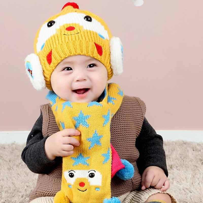 贝迪牛婴儿童帽宝宝护耳帽+围脖两件套儿童毛线帽 均码（6-24个月左右） 卡其铅笔2件套