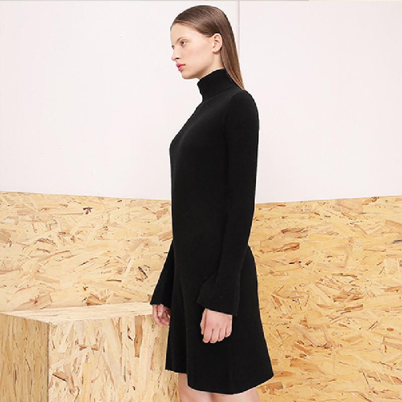 糖力2016新款冬装欧美女装高领长袖黑色连衣裙显瘦毛衣修身针织衫 M 克鲁黑
