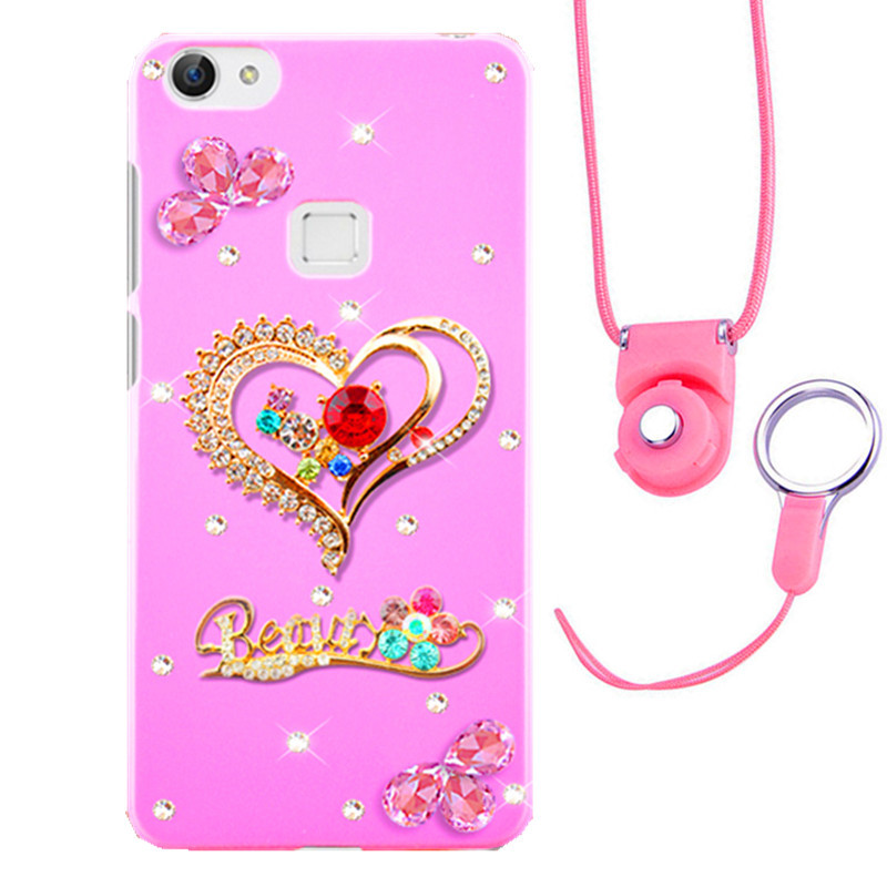 摩洛 爱心彩壳珍珠水钻手机壳保护套带挂绳 适用于VIVO X6/X6D/X6SA/5.2屏 粉壳红钻爱心+粉挂绳