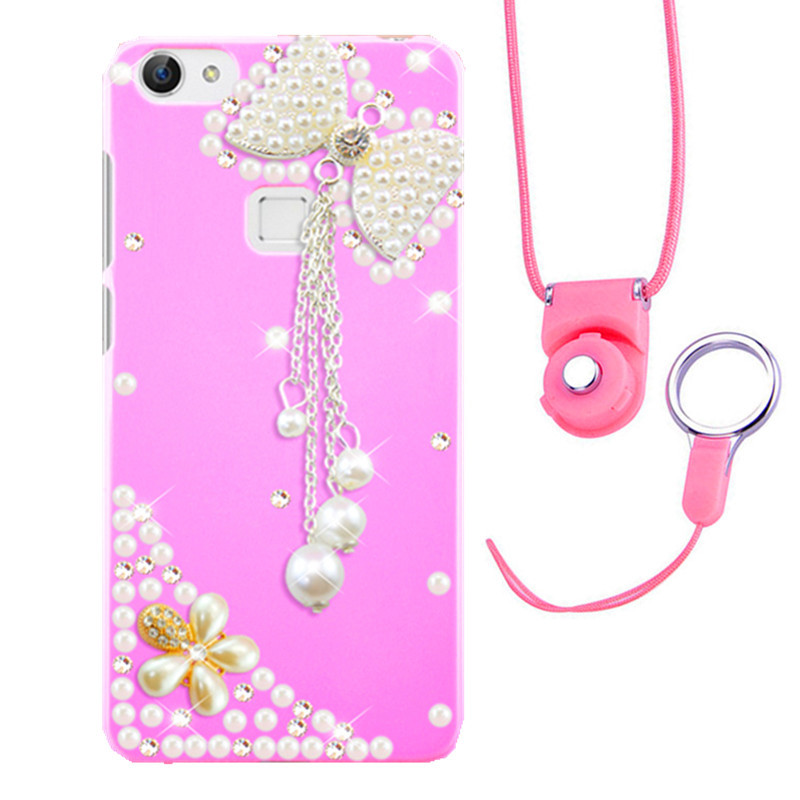 摩洛 爱心彩壳珍珠水钻手机壳保护套带挂绳 适用于VIVO X6/X6D/X6SA/5.2屏 粉壳流苏A+粉挂绳