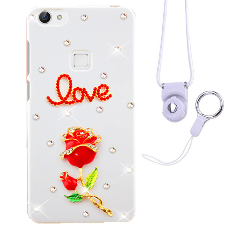 摩洛 爱心彩壳珍珠水钻手机壳保护套带挂绳 适用于VIVO X6/X6D/X6SA/5.2屏 白壳红玫瑰+白挂绳