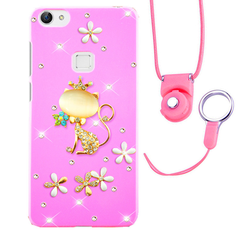 摩洛 爱心彩壳珍珠水钻手机壳保护套带挂绳 适用于VIVO X6/X6D/X6SA/5.2屏 粉壳四叶草金冠狐+粉挂绳