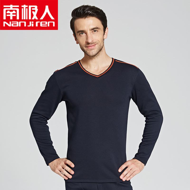 南极人男士保暖内衣男加厚加绒女冬秋衣秋裤中老年保暖套装防寒衣 L 藏青V领