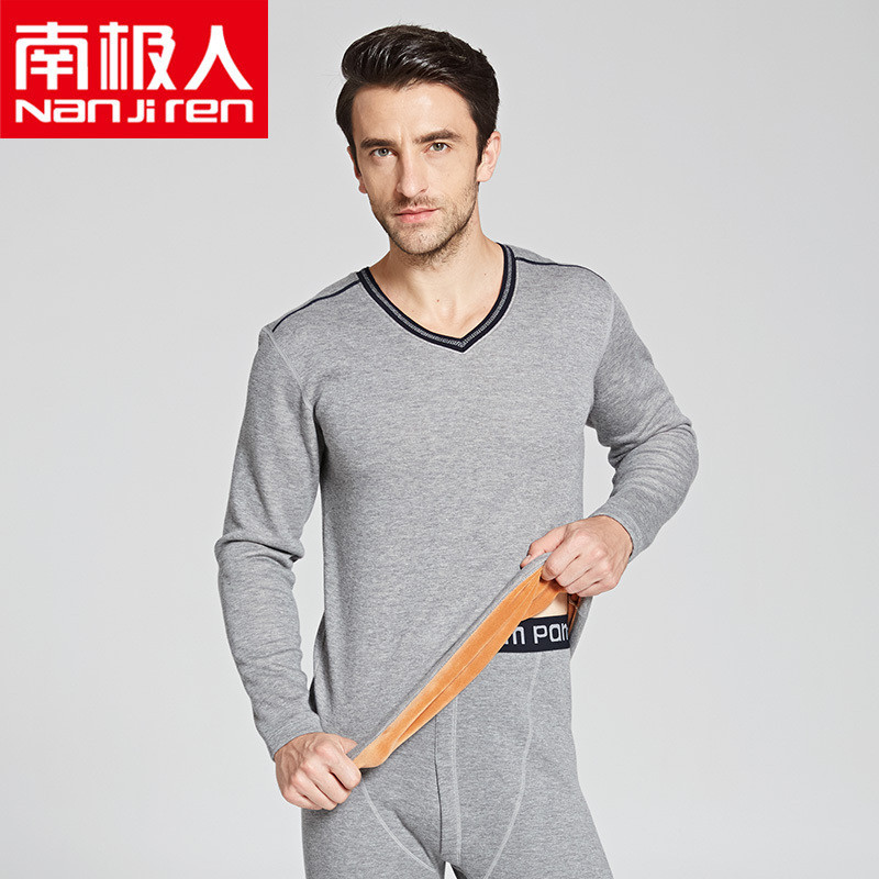 南极人男士保暖内衣男加厚加绒女冬秋衣秋裤中老年保暖套装防寒衣 L 中灰V领