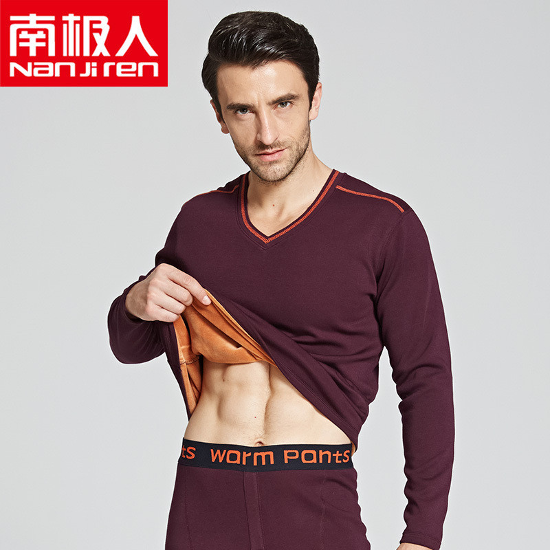 南极人男士保暖内衣男加厚加绒女冬秋衣秋裤中老年保暖套装防寒衣 XL 栗色V领