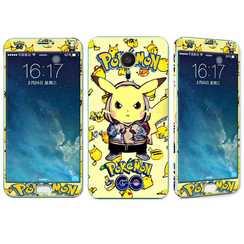 法威仕 前全屏手机钢化玻璃卡通彩膜后保护膜彩膜贴纸 适用于魅族MX5/M575/5.5屏 闪电皮卡丘+支架