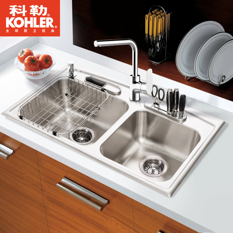 科勒 德卡黛大小槽台上厨盆(含厨房配件)(简版速漩)3645T-2KD-NA 3645T水槽+99175T-CP龙头（发货时间未定）