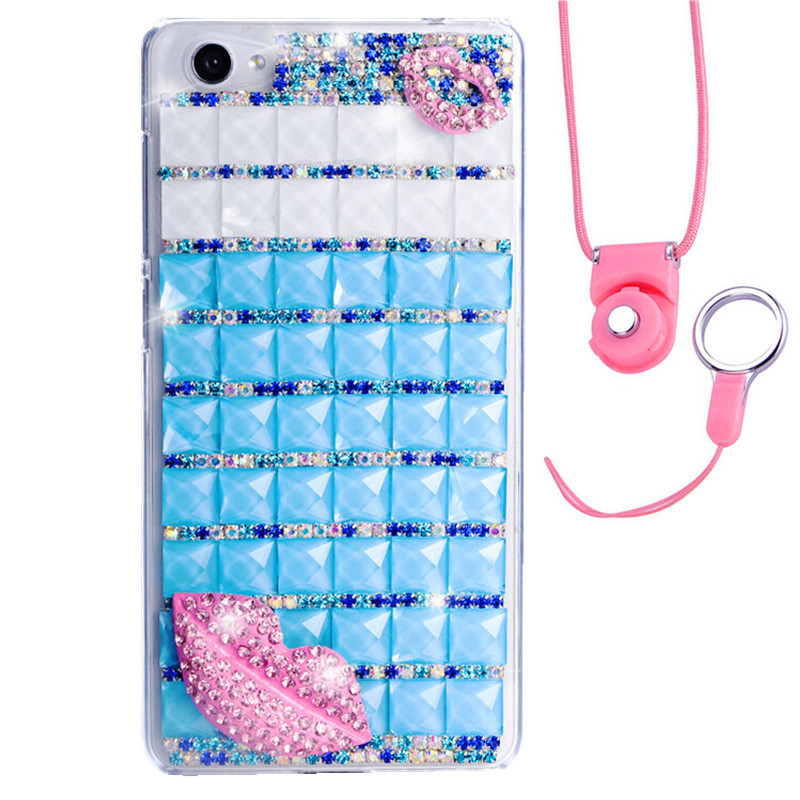 法威仕 满钻炫彩果冻水钻透明手机软壳保护套带挂绳 适用于VIVO X7plus/5.7屏 炫彩海蓝-浅粉唇-软壳+粉挂绳