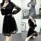 JMOORY2018春装新款蕾丝连衣裙镂空灯笼袖蕾丝裙子韩版长袖连衣裙 黑色 XXXL