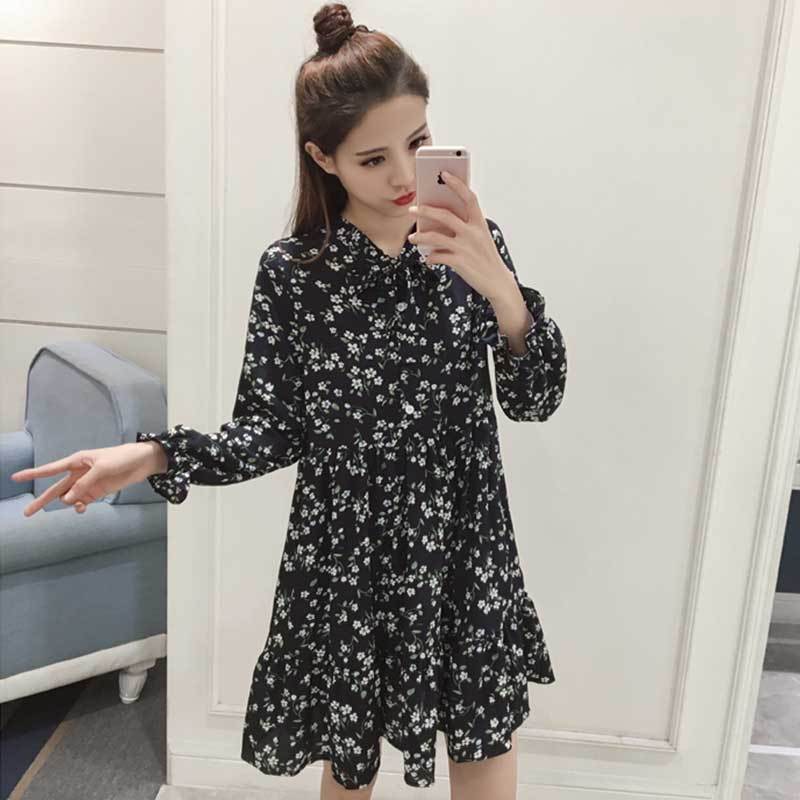 孕妇装秋装2018新款潮妈飘带孕妇连衣裙秋季纯棉宽松中长款孕妇裙 DX-910蓝色 M