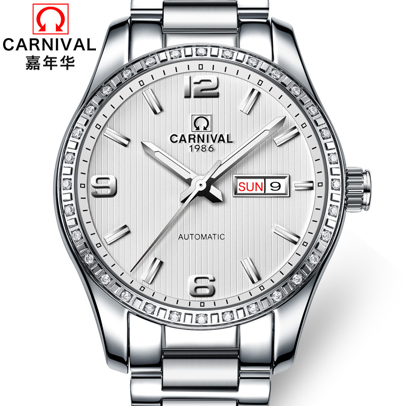 瑞士嘉年华Carnival正品手表全自动机械表 男表时尚多功能金属钢带夜光防水商务男士手表休闲时尚腕表MS-8692A 精钢白面