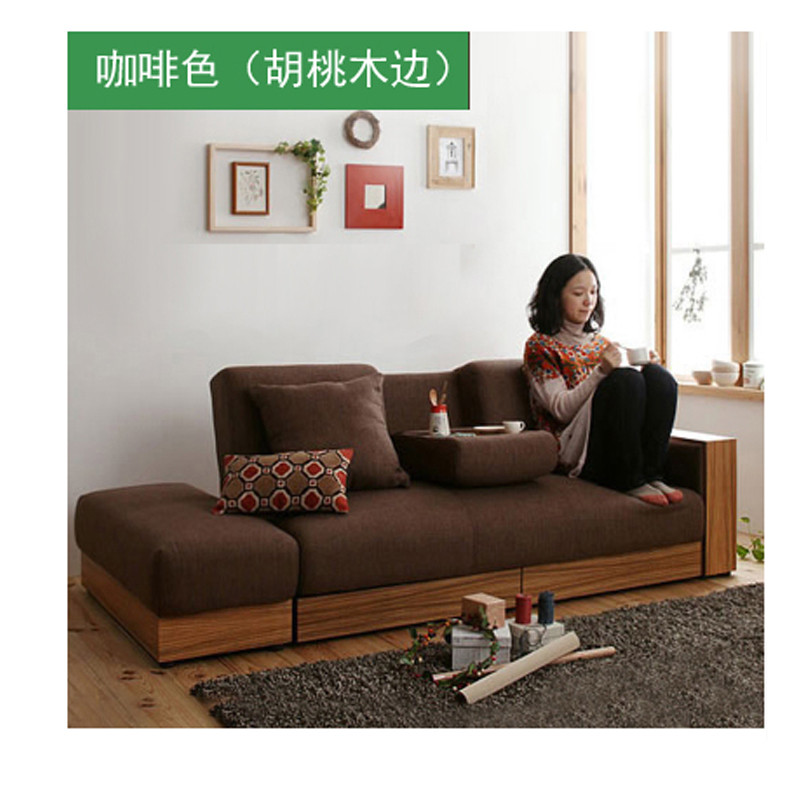 淮木（HUAIMU） 日式布艺沙发组合可拆洗北欧宜家小户型多功能沙发床储物 棉麻布咖啡色胡桃木色边