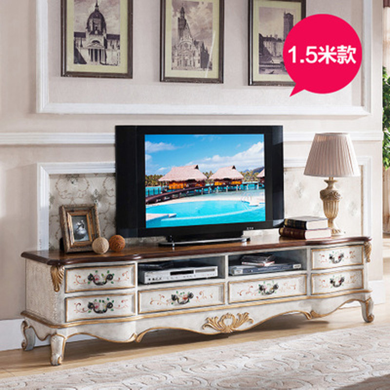 淮木（HUAIMU） 经典彩绘矮柜裂纹漆独特复古电影墙地柜 美式乡村客厅电视柜后现代 1.5米象牙白裂纹色