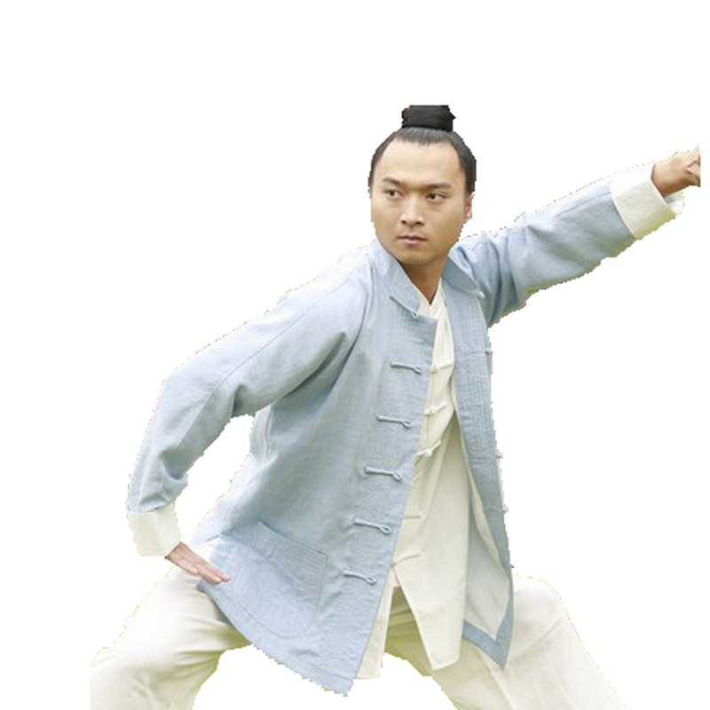 嘟嘟美倍尔 运动户外 秋冬太极服 直袖亚麻双层上衣外套武术表演服练功服 XS 淡蓝色