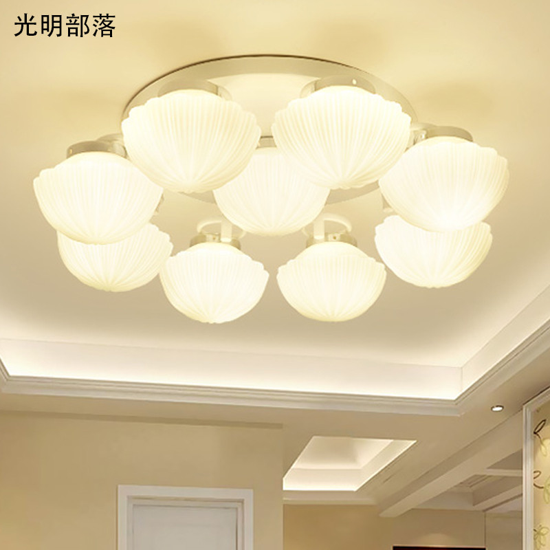 GMBL光明部落北欧玻璃田园LED吸顶灯简约现代客厅灯美式卧室餐厅灯具温馨圆形书房儿童灯饰 贝壳款9头送暖光灯泡