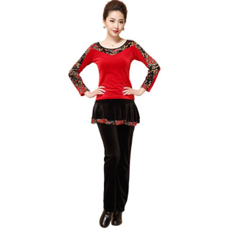 嘟嘟美倍尔 广场舞服套装舞蹈服中老年广场舞服 假两件长袖上衣舞蹈服跳舞服比赛演出 M 523红色上衣+裙裤