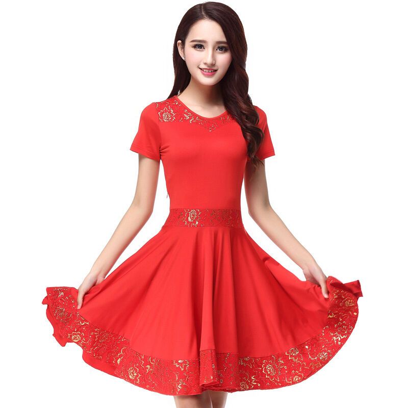 嘟嘟美倍尔 广场舞服装女夏中老年连衣裙短袖蕾丝跳舞蹈表演出服 红色
