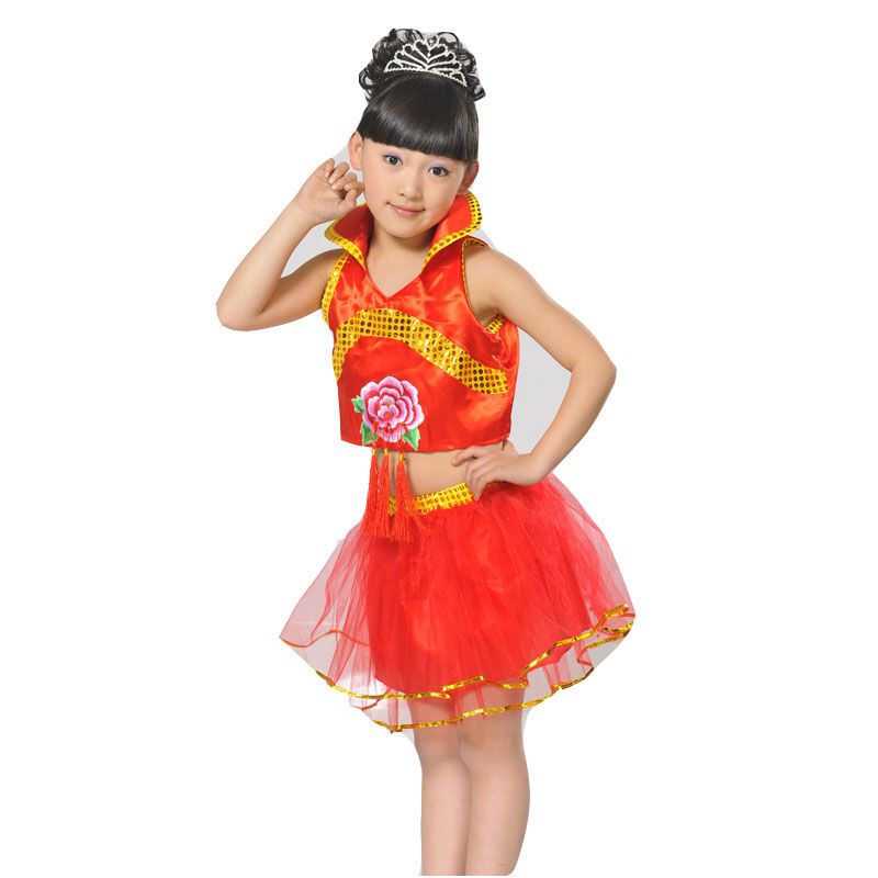 嘟嘟美倍尔 儿童演出服装 女童舞蹈裙手绢舞 民族流苏秧歌舞表演服套装舞蹈服演出服 红色