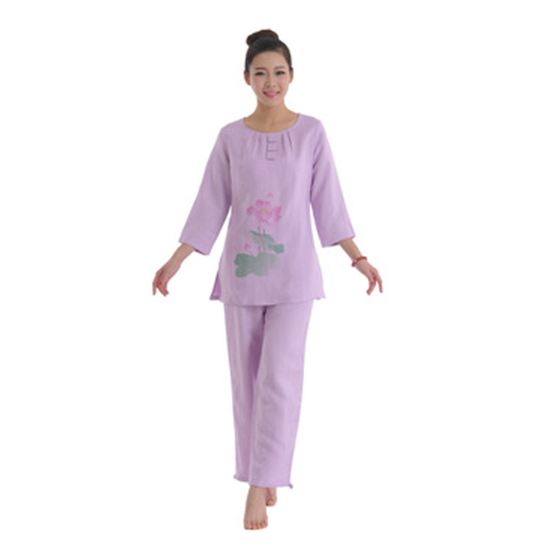 嘟嘟美倍尔 夏季款 夏瑜伽套装舒适透气棉麻禅服太极服家居服女 户外运动瑜伽服居家服 紫色