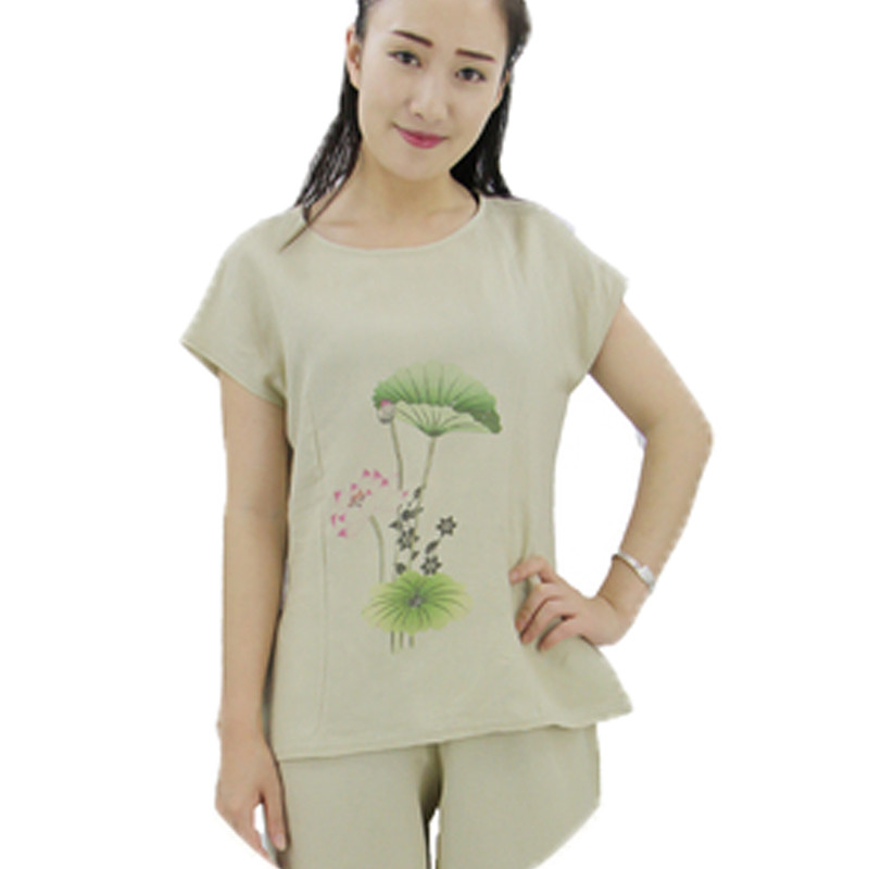 嘟嘟美倍尔 夏季 款亚麻短袖瑜伽服禅修服茶艺服清凉透气棉麻户外运动家用瑜伽服居家服 浅黄色