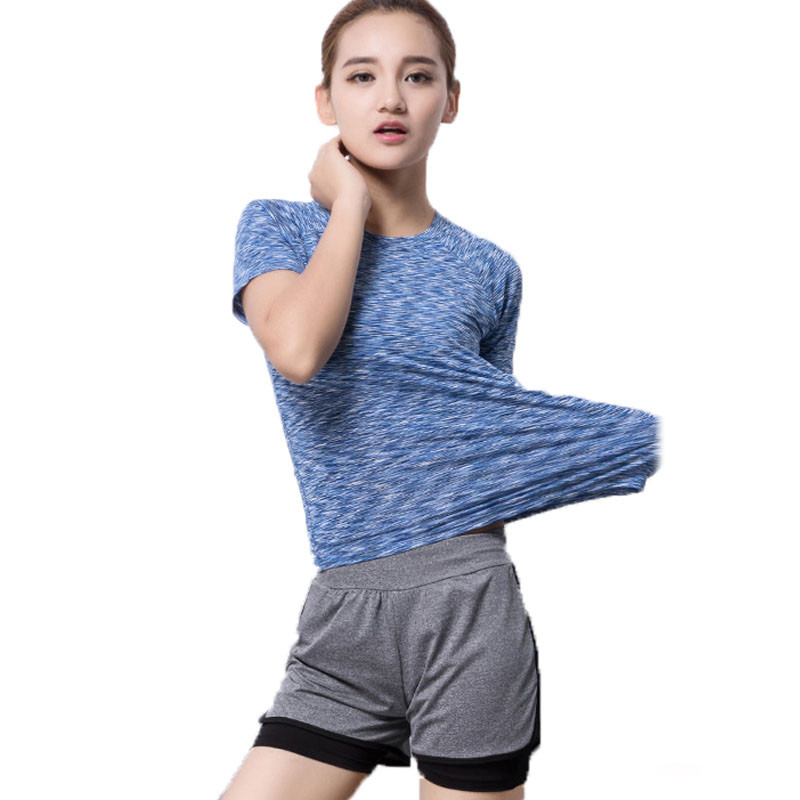 嘟嘟美倍尔 夏 瑜伽服套装女紧身运动健身弹力跑步衣服健身服套装户外运动瑜伽舞蹈 蓝短袖+超短裤