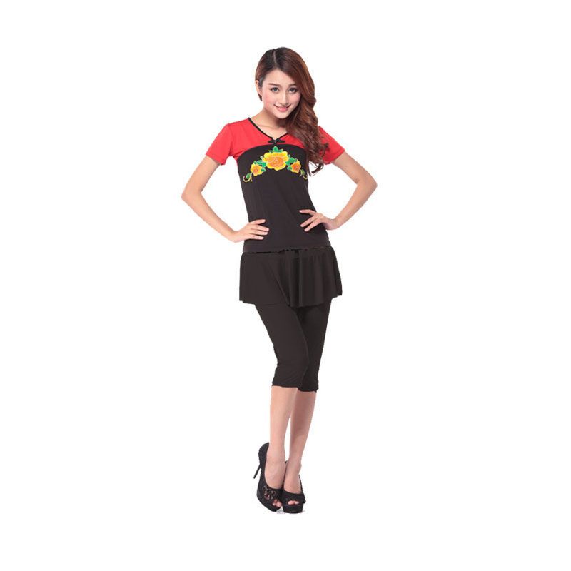 嘟嘟美倍尔 夏季舞蹈广场舞服装套装新款短袖七分裤表演出服中老年跳舞衣 红色+黑裙裤