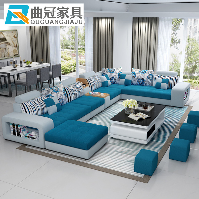 曲冠 沙发现代简约大小户型客厅沙发布艺沙发组合可拆洗U型转角布沙发家具 6件套/送精品茶几+电视柜
