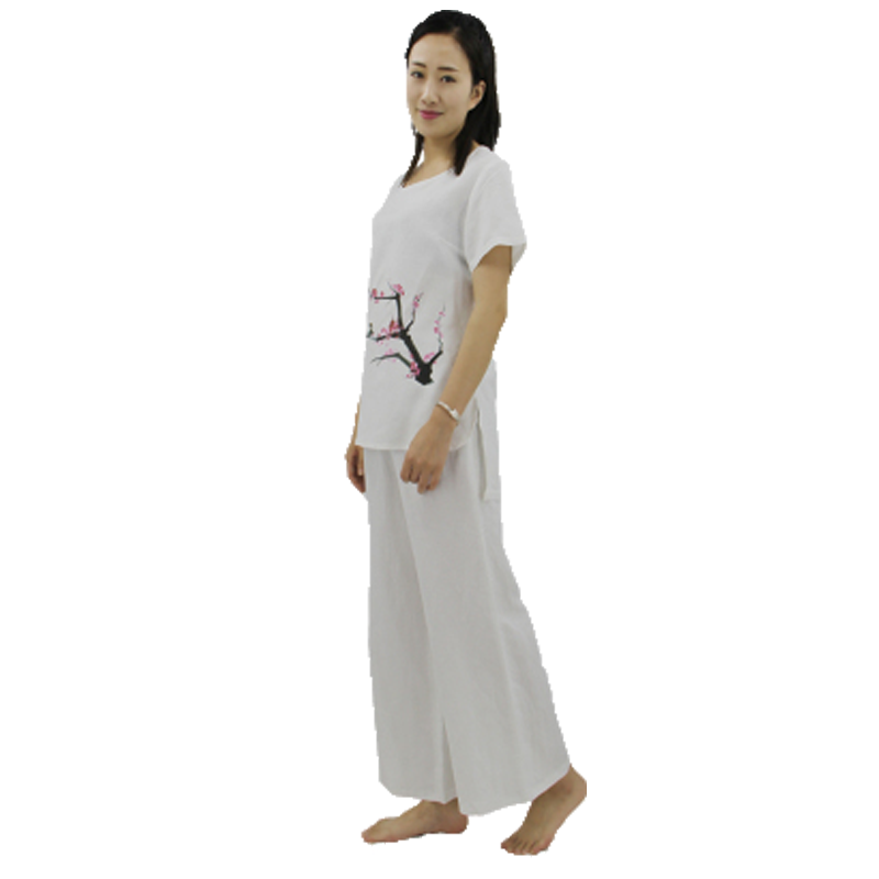 嘟嘟美倍尔 女士夏季亚麻瑜伽套装茶艺大师禅服棉麻家居服 白色