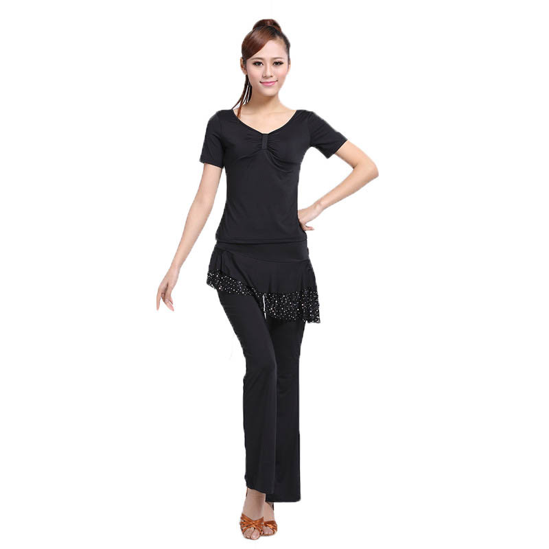 嘟嘟美倍尔 户外运动广场舞服装套装上衣短袖女式夏装舞蹈服装上衣 舞蹈裙裤长裤瑜伽舞蹈 黑色套装