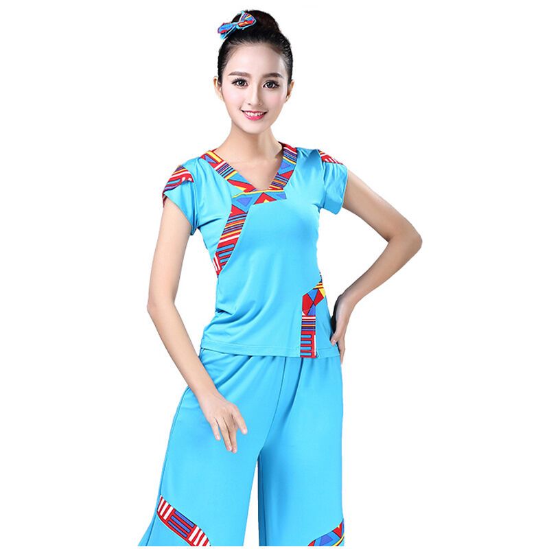嘟嘟美倍尔 广场舞服装套装夏季中老年民族风裙子舞蹈服短袖上衣表演服 蓝色裙款