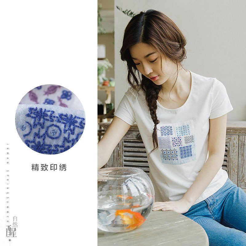 茵曼夏装文艺印花棉质圆领T恤女短袖宽松上衣1872022101 XL 象牙白