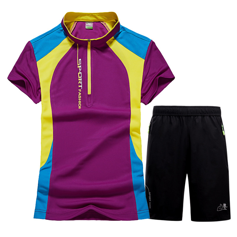 速干衣套装男女健身服套装短袖瑜伽服跑步短裤速干T恤5分裤运动两件套 3XL 紫色女套装