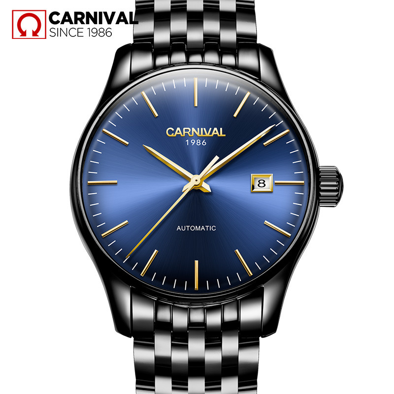 瑞士嘉年华Carnival新款男手表薄款全自动机械表 男士全黑精钢男表真皮防水休闲腕表简约时尚手表8612G薄款 黑钢蓝面