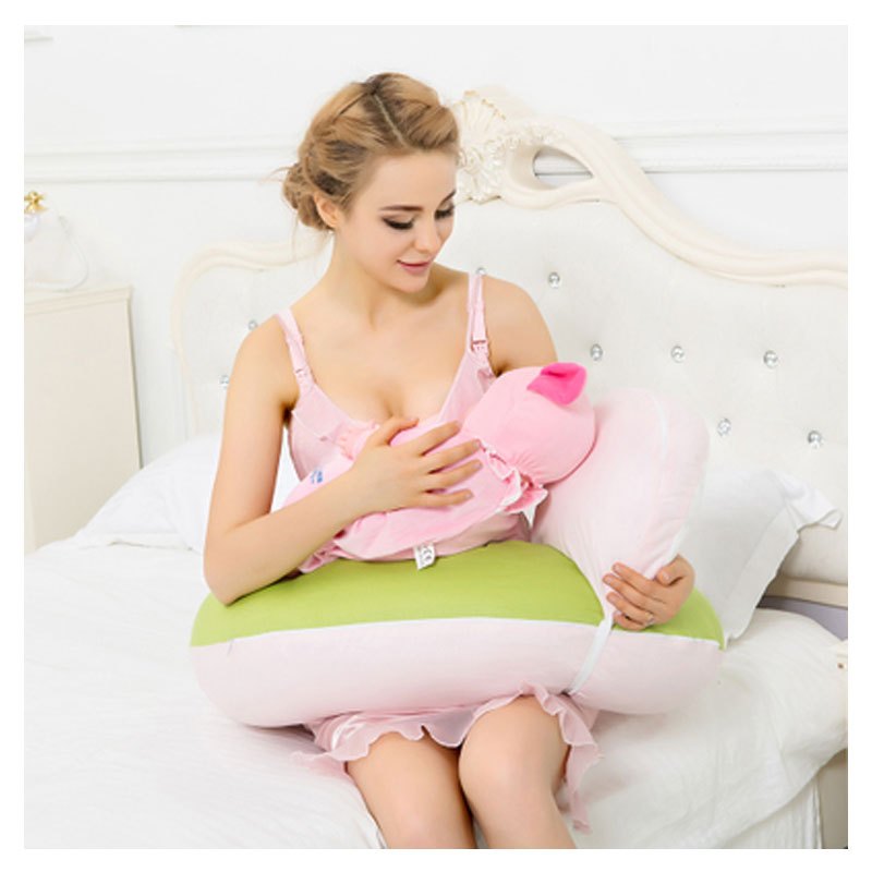 喂奶枕哺乳枕 多功能抱枕婴儿学坐枕孕妇护腰靠枕 喂奶枕头哺乳2017新品可爱卡通简约婴童枕头男女宝宝 粉拼绿+45度枕头+藤席