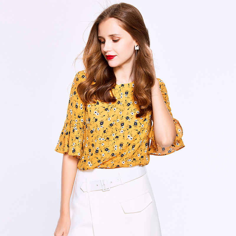 德玛纳女装优雅小碎花喇叭袖上衣s黄色
