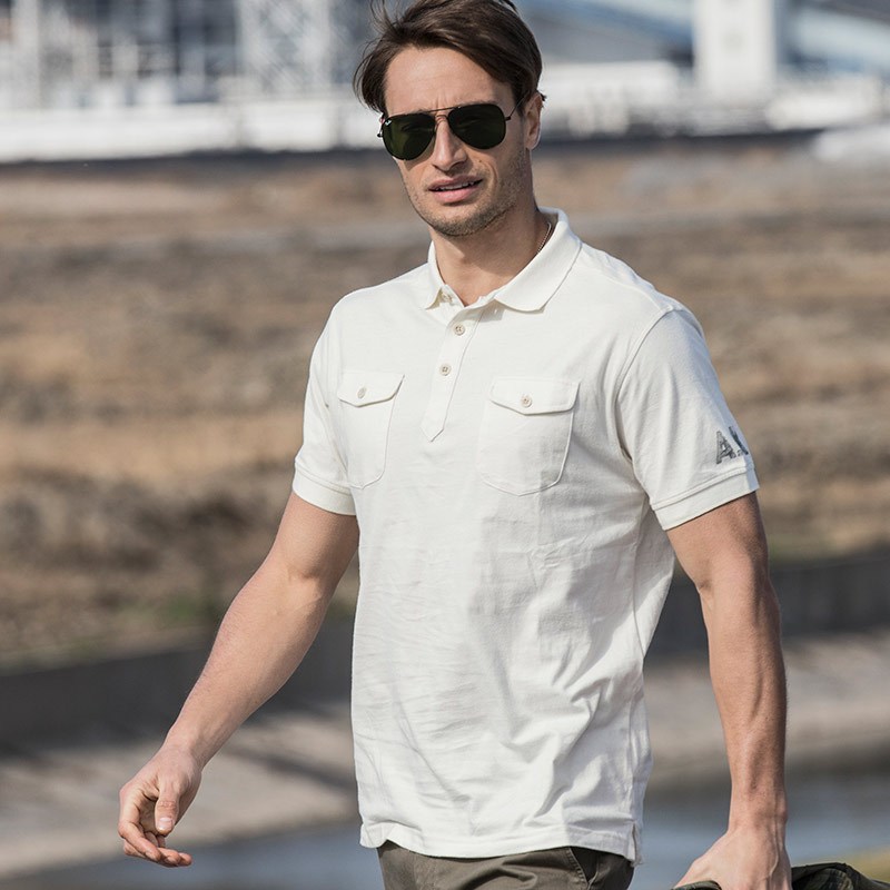 AK轻复古平纹布双胸袋短袖印花POLO1716023 M 米白