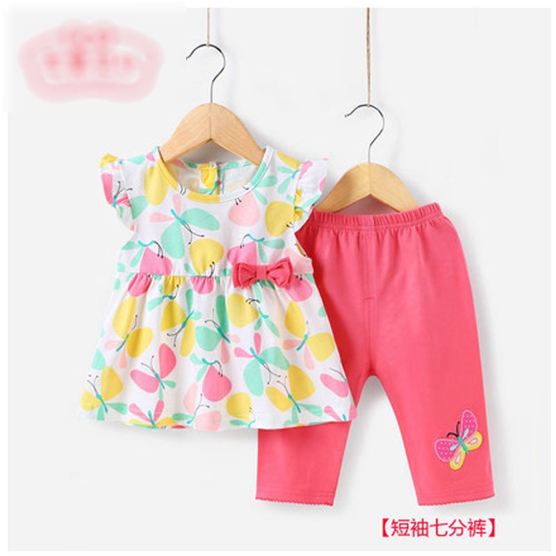 女童套装夏1-3童装儿童短袖短裤婴儿衣服小童夏季2一岁宝宝夏装女2017新品可爱卡通简约休闲套装夏天 90cm 白底蝴蝶花（JT62064