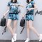 愫惠君(suhuijun)欧洲站星空条纹印花休闲运动服短袖短裤套装女夏跑步大码两件套S9036 XXL 黑色泼墨款