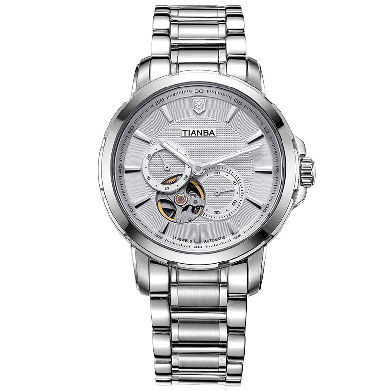 天霸(TIANBA)商务时尚男士手表金属钢带镂空全自动机械表专柜同款机械手表男 TM6006.02SS 白色 白色